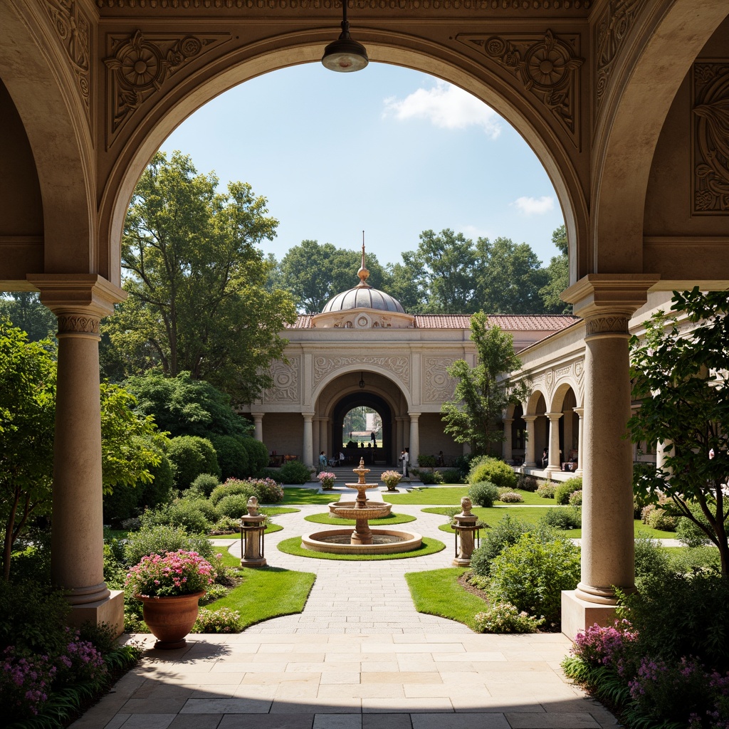 Prompt: Renaissance-style library, grand entrance, ornate stone carvings, symmetrical gardens, manicured lawns, walking paths, ornamental fountains, statues, lanterns, seasonal flower arrangements, lush greenery, vibrant blooming flowers, tranquil atmosphere, soft natural lighting, warm afternoon sun, 1/2 composition, shallow depth of field, realistic textures, ambient occlusion.