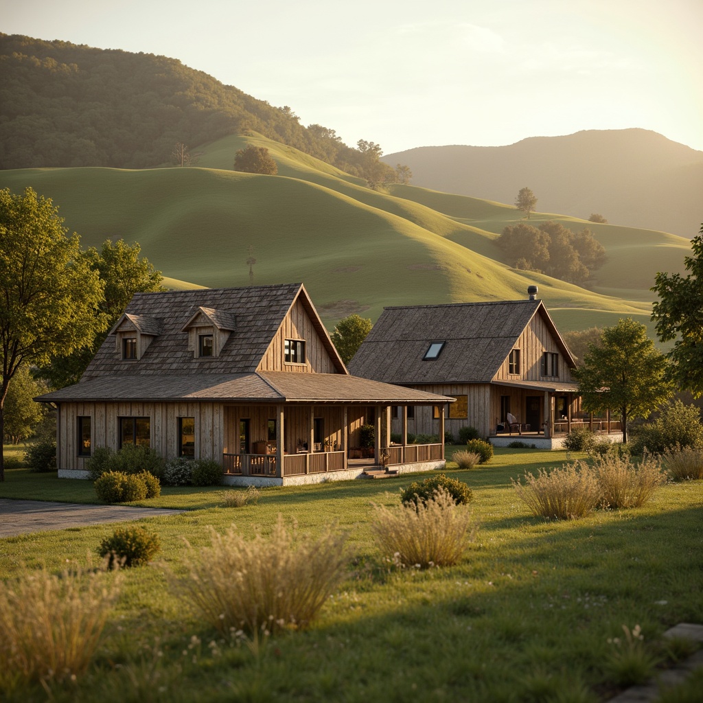 Prompt: Rustic rural landscape, rolling hills, verdant pastures, wooden farmhouses, earthy tones, warm beige, soft sage, muted terracotta, weathered wood accents, natural stone foundations, pitched roofs, dormer windows, cozy porches, vintage metal decorations, distressed finishes, warm golden lighting, soft focus, 1/2 composition, intimate atmosphere, realistic textures, ambient occlusion.