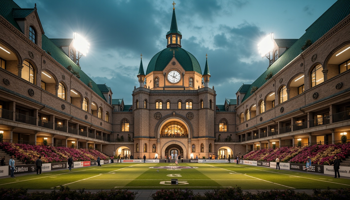 Prompt: Majestic football stadium, Romanesque style facades, ornate stone carvings, grand archways, rusticated columns, vibrant green roofs, intricate brick patterns, imposing clock towers, dramatic floodlighting, atmospheric mist effects, shallow depth of field, 1/2 composition, symmetrical architecture, warm golden lighting, realistic textures, ambient occlusion.