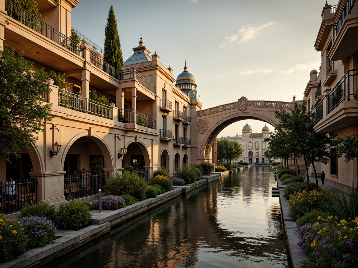 Prompt: Ornate bridge, grandiose arches, intricately carved stone balustrades, gilded accents, ornamental lanterns, majestic river views, serene water reflections, lush greenery, vibrant flowers, natural stone piers, decorative iron railings, sweeping curves, dramatic lighting, warm golden tones, high contrast shadows, 1/2 composition, atmospheric perspective, realistic textures, ambient occlusion.