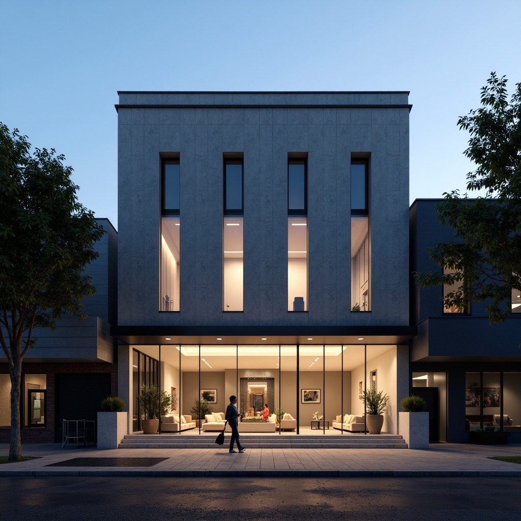 Prompt: Simple theater facade, minimalist architecture, clean lines, monochromatic color scheme, rectangular shapes, flat roofs, large glass windows, sliding doors, industrial materials, concrete walls, steel beams, subtle lighting, dramatic shadows, urban cityscape, evening atmosphere, soft box lights, 1/1 composition, realistic textures, ambient occlusion.