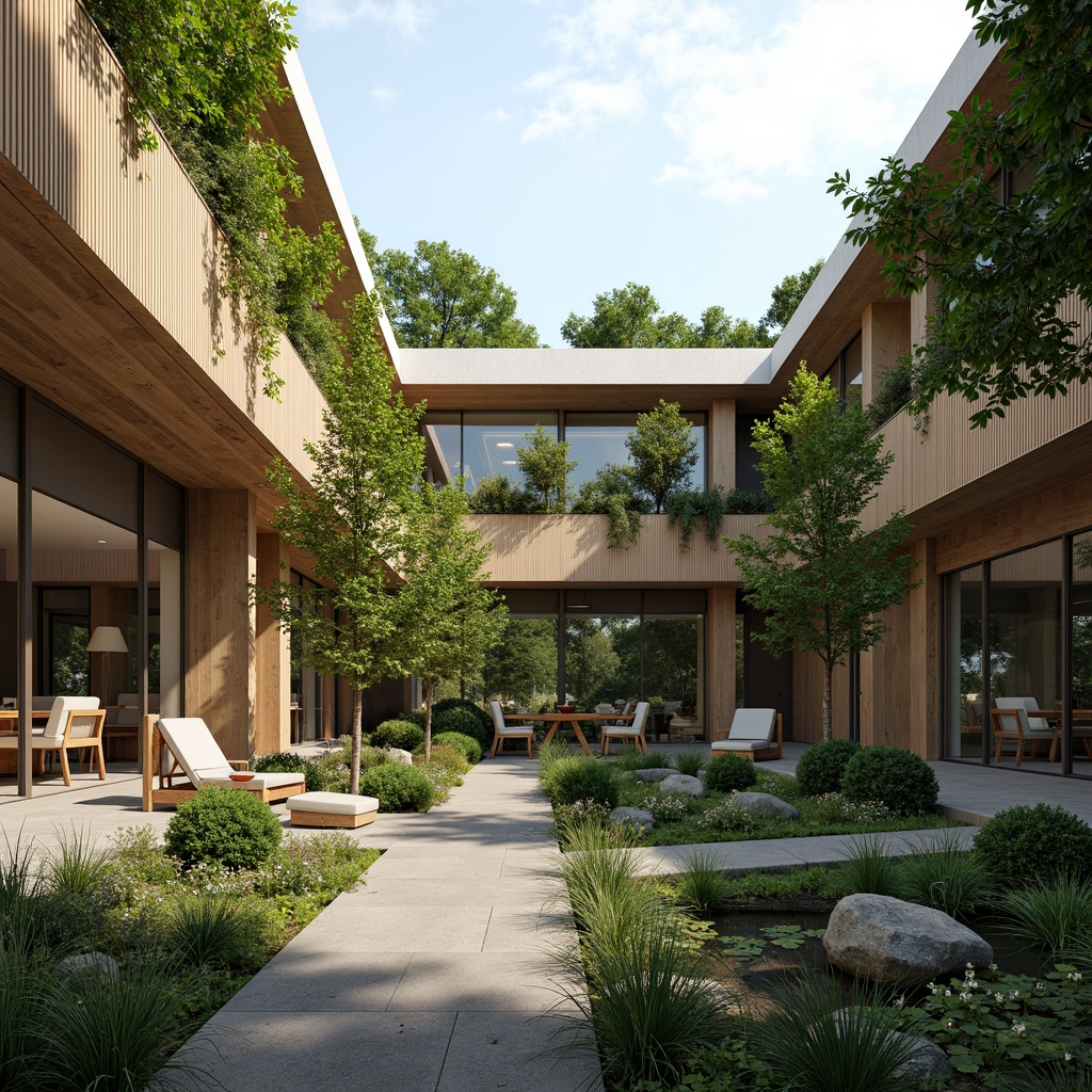 Prompt: Harmonious building facade, lush green roofs, verdant walls, natural stone cladding, wooden accents, large windows, sliding glass doors, minimalist architecture, seamless indoor-outdoor transition, serene courtyard, water features, walking paths, native plant species, seasonal blooming flowers, warm sunny day, soft diffused lighting, shallow depth of field, 1/1 composition, realistic textures, ambient occlusion.