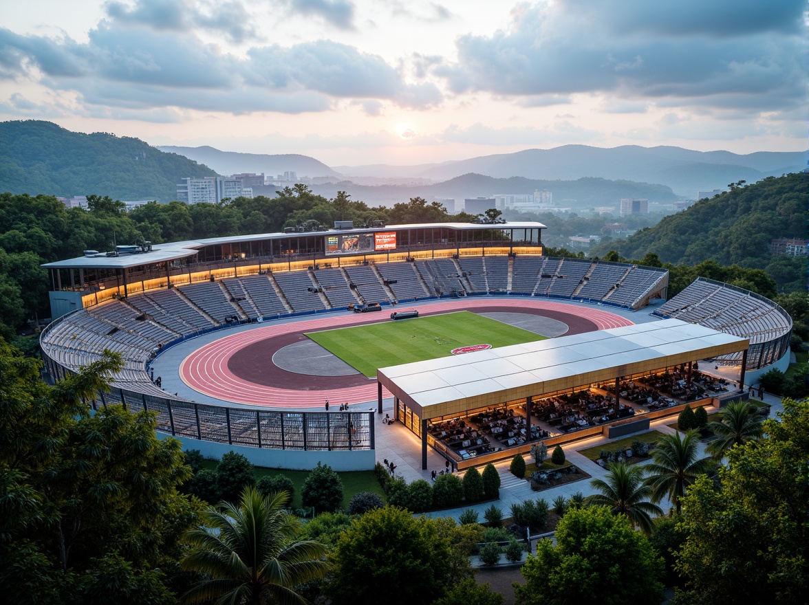 Prompt: Futuristic sports complex, undulating terrain, neon-lit athletic tracks, sleek metallic bleachers, holographic scoreboards, iridescent stadium roofs, glowing accents, vibrant LED lighting, misty atmospheric effects, shallow depth of field, 3/4 composition, panoramic view, realistic textures, ambient occlusion, lush greenery, tropical plants, palm trees, sunny day, warm soft focus, dynamic camera movements.