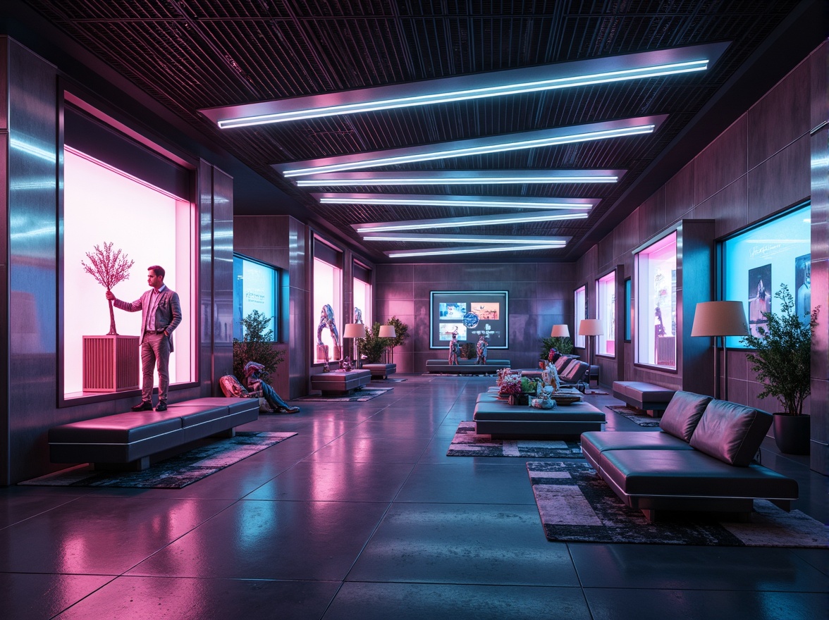 Prompt: Futuristic interior, metallic surfaces, neon-lit accents, iridescent glass panels, holographic displays, sleek carbon fiber furniture, high-gloss finishes, LED lighting strips, translucent acrylic walls, minimalist decor, avant-garde sculptures, futuristic gadgets, virtual reality interfaces, cyberpunk-inspired color schemes, dark ambient lighting, shallow depth of field, 1/1 composition, cinematic camera angles, realistic reflections, advanced material textures.