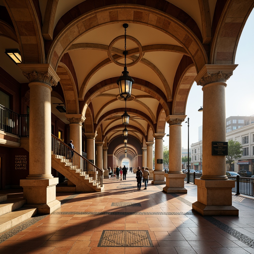 Prompt: Earth-toned metro station, Romanesque arches, ornate columns, warm beige walls, terracotta flooring, rustic stone textures, vintage metal lanterns, intricate mosaics, grand staircases, high ceilings, dramatic lighting, atmospheric shadows, rich wood accents, elegant typography, classic signage, urban cityscape, morning rush hour, soft natural light, shallow depth of field, 1/2 composition, realistic reflections.