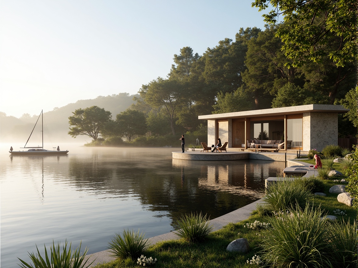 Prompt: Lakefront villa, serene water views, lush greenery, wooden docks, sailboats, calm lake surface, misty morning, warm sunlight, soft natural lighting, shallow depth of field, 1/2 composition, panoramic view, realistic reflections, ambient occlusion, modern minimalist design, large windows, sliding glass doors, natural stone walls, wooden accents, cozy interior spaces, comfortable outdoor seating areas.