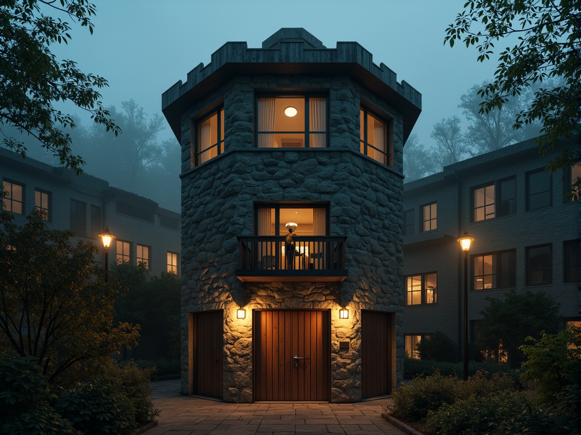 Prompt: Mysterious watchtower, ancient stone walls, worn wooden doors, mystical lanterns, foggy misty atmosphere, eerie twilight, warm golden lighting, soft mysterious shadows, intricate stonework patterns, rugged natural textures, weathered wooden accents, moss-covered roofs, overgrown vegetation, abandoned forgotten feel, cinematic dramatic mood, low-key mysterious color tone, 1/2 composition, atmospheric perspective, subtle depth of field.