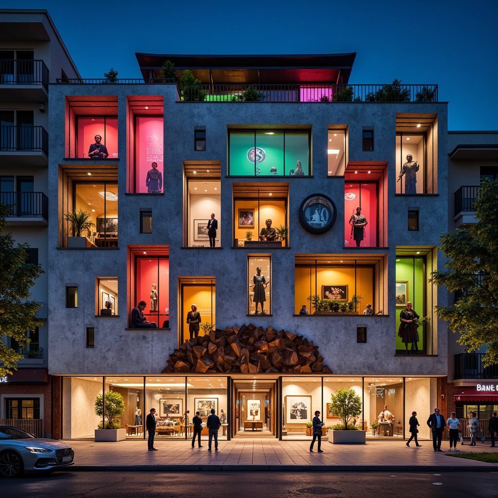 Prompt: Vibrant museum facade, irregular shapes, fragmented forms, bold color blocking, playful deconstructivism, ornate decorations, eclectic mix of materials, rusted steel beams, glass bricks, concrete walls, abstract sculptures, futuristic lighting fixtures, neon signs, dynamic shadows, dramatic nighttime illumination, shallow depth of field, 1/1 composition, symmetrical framing, high-contrast textures, ambient occlusion.