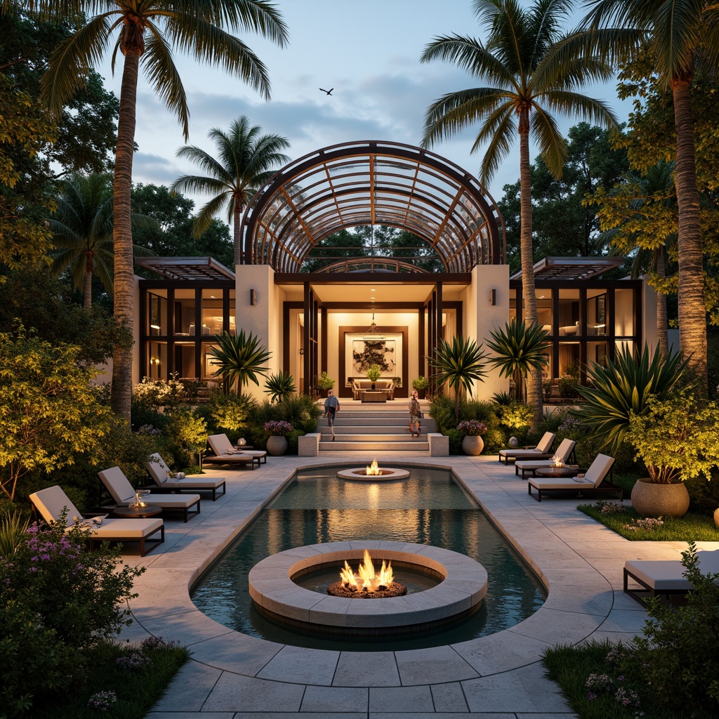 Prompt: Luxurious villa, Art Deco style, ornate metalwork, curved lines, geometric patterns, lavish furnishings, plush outdoor seating, vibrant tropical plants, exotic flowers, tranquil water features, sparkling fountains, warm golden lighting, soft evening ambiance, shallow depth of field, 1/1 composition, symmetrical framing, realistic textures, ambient occlusion.