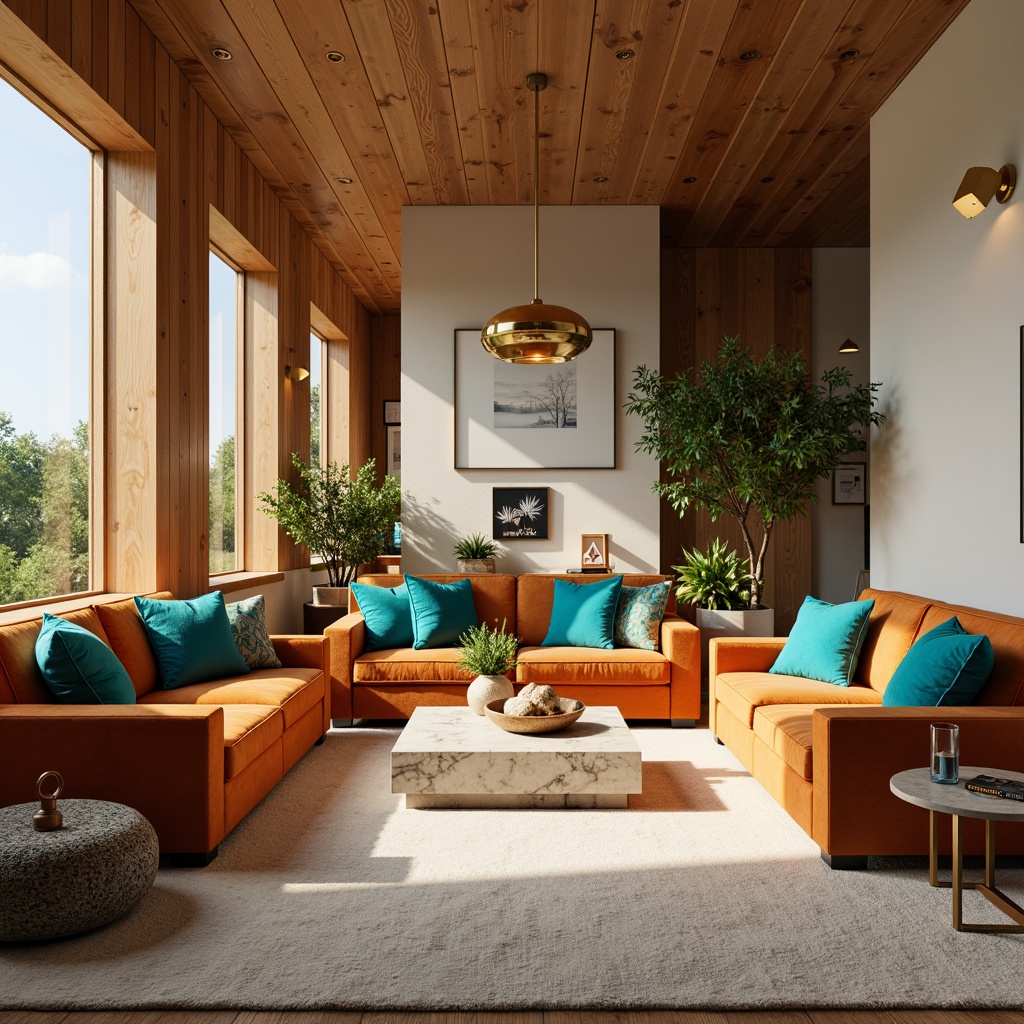 Prompt: Vibrant living room, warm beige walls, rich walnut wood accents, plush velvet sofas, bold turquoise throw pillows, metallic gold lighting fixtures, natural stone coffee tables, soft cream-colored rugs, large windows, abundant sunlight, shallow depth of field, 1/1 composition, realistic textures, ambient occlusion.