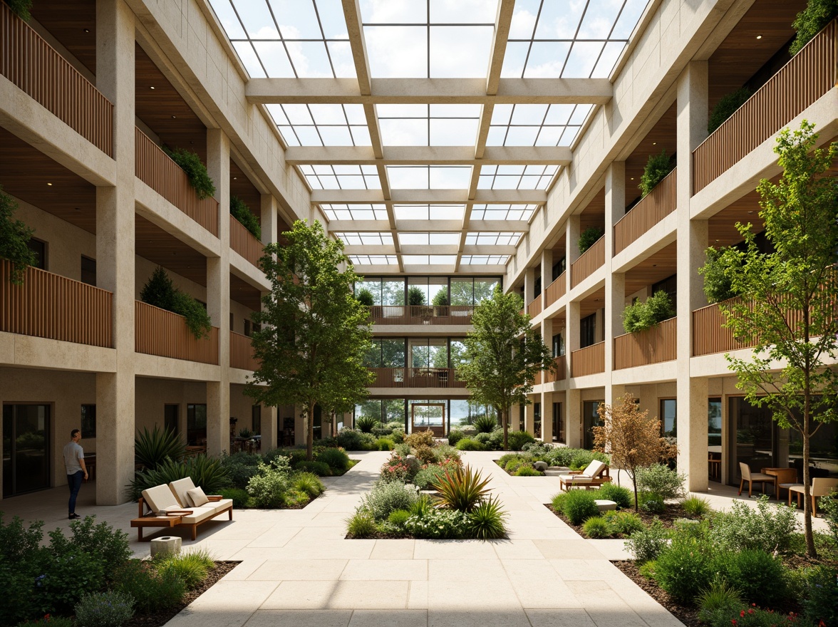 Prompt: Vibrant atrium, lush greenery, natural stone walls, wooden accents, floor-to-ceiling windows, clerestory windows, skylights, open spaces, minimalist decor, warm beige tones, soft diffused lighting, 1/1 composition, shallow depth of field, realistic textures, ambient occlusion, modern architecture, sustainable design, eco-friendly materials, innovative glazing systems, shaded outdoor spaces.