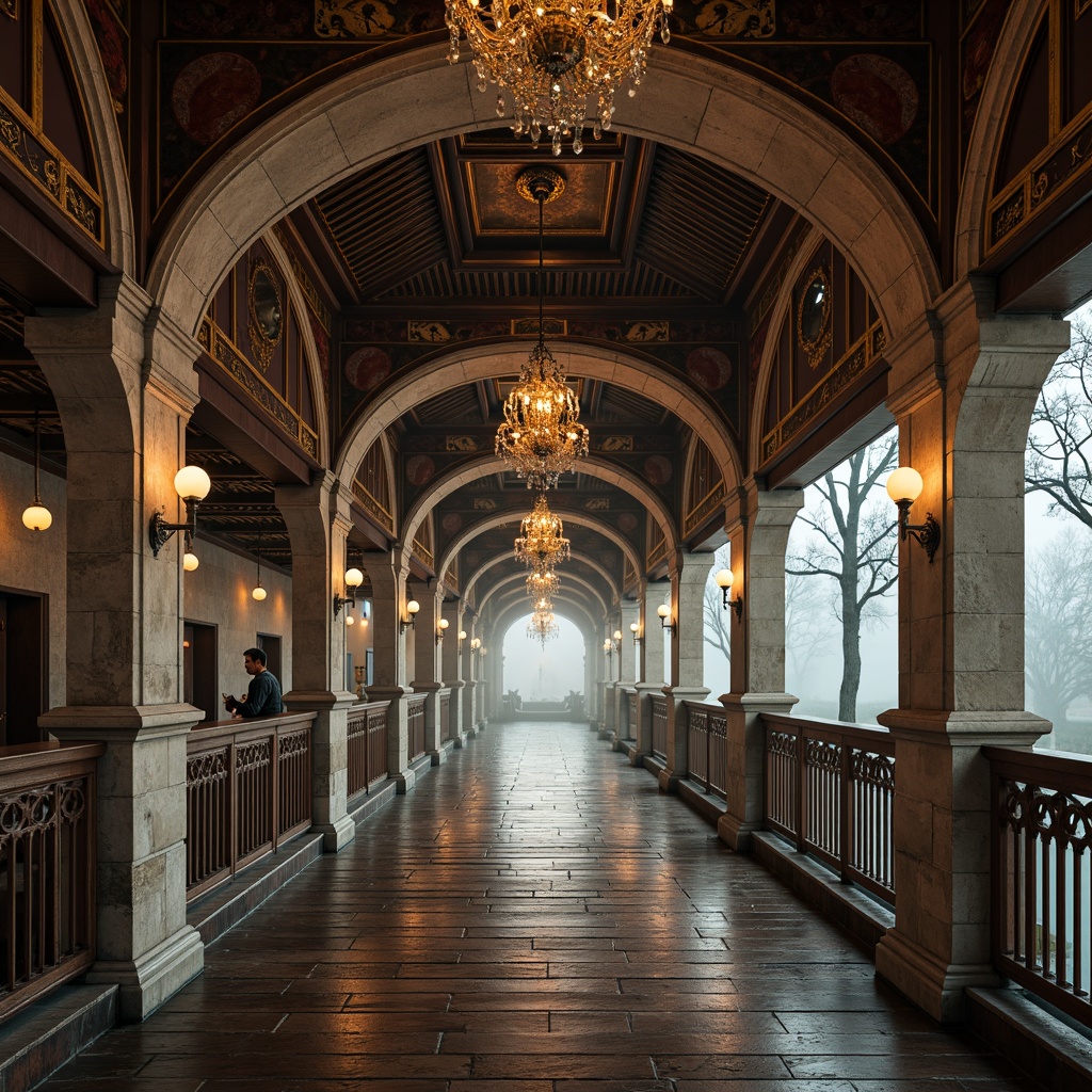 Prompt: Ornate Baroque bridge, rustic stone arches, intricately carved balustrades, polished bronze railings, ornamental lanterns, weathered copper roofing, distressed wooden decking, rich velvet draping, gilded accents, lavish crystal chandeliers, soft warm lighting, misty atmospheric effects, shallow depth of field, 1/2 composition, cinematic view, realistic textures, ambient occlusion.