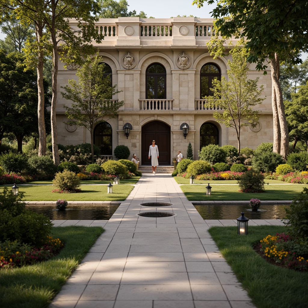 Prompt: Renaissance-style library, grand entrance, ornate stone carvings, symmetrical gardens, manicured lawns, walking paths, ornamental fountains, statues, lanterns, seasonal flower arrangements, lush greenery, vibrant blooming flowers, tranquil atmosphere, soft natural lighting, warm afternoon sun, 1/2 composition, shallow depth of field, realistic textures, ambient occlusion.