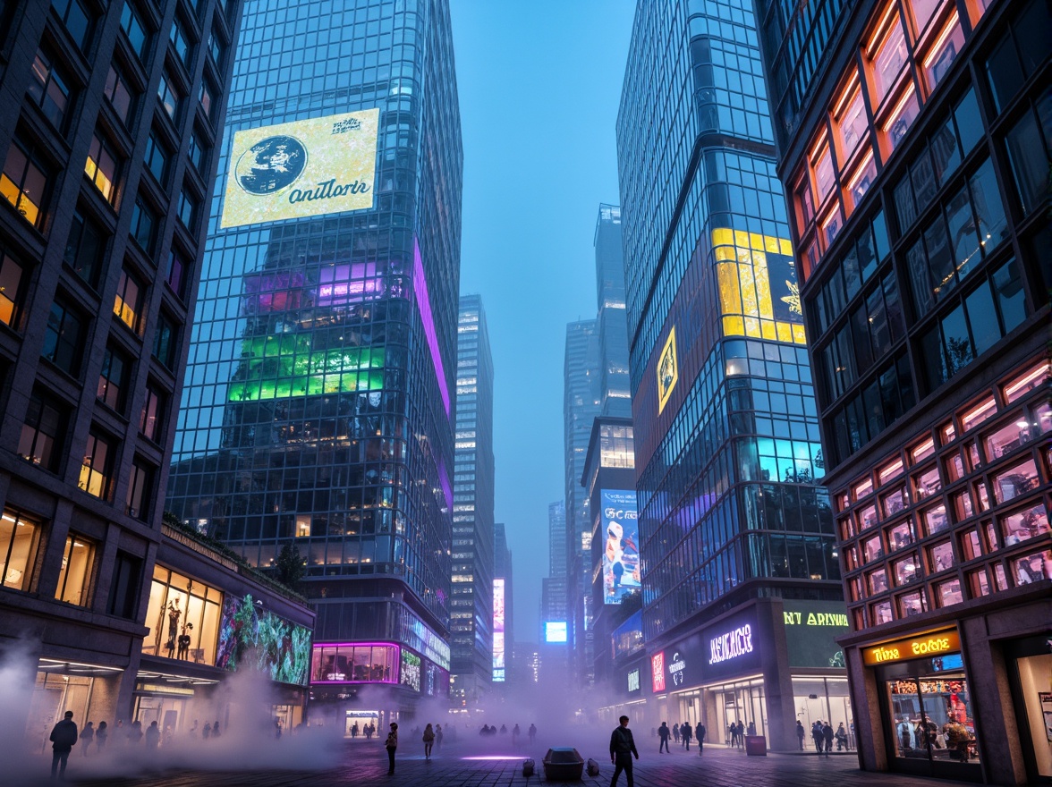 Prompt: Neon-lit skyscrapers, metallic silver accents, iridescent glass facades, holographic advertisements, cyberpunk cityscape, vibrant electric blue hues, neon green highlights, deep purple tones, rose gold details, sleek chrome lines, geometric patterns, futuristic urban landscape, high-tech infrastructure, levitating transportation pods, atmospheric mist, soft glowing ambiance, shallow depth of field, 1/1 composition, cinematic lighting, realistic reflections.