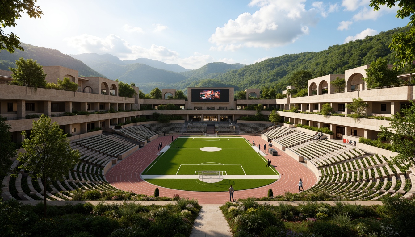 Prompt: Rustic football stadium, Romanesque architecture, stone walls, arched windows, green roofs, lush vegetation, rolling hills, natural scenery, serene atmosphere, warm sunny day, soft diffused lighting, shallow depth of field, 3/4 composition, panoramic view, realistic textures, ambient occlusion, tiered seating, grassy fields, athletic tracks, goalposts, scoreboard, floodlights, spectator stands, VIP lounges, concession booths, modern amenities.