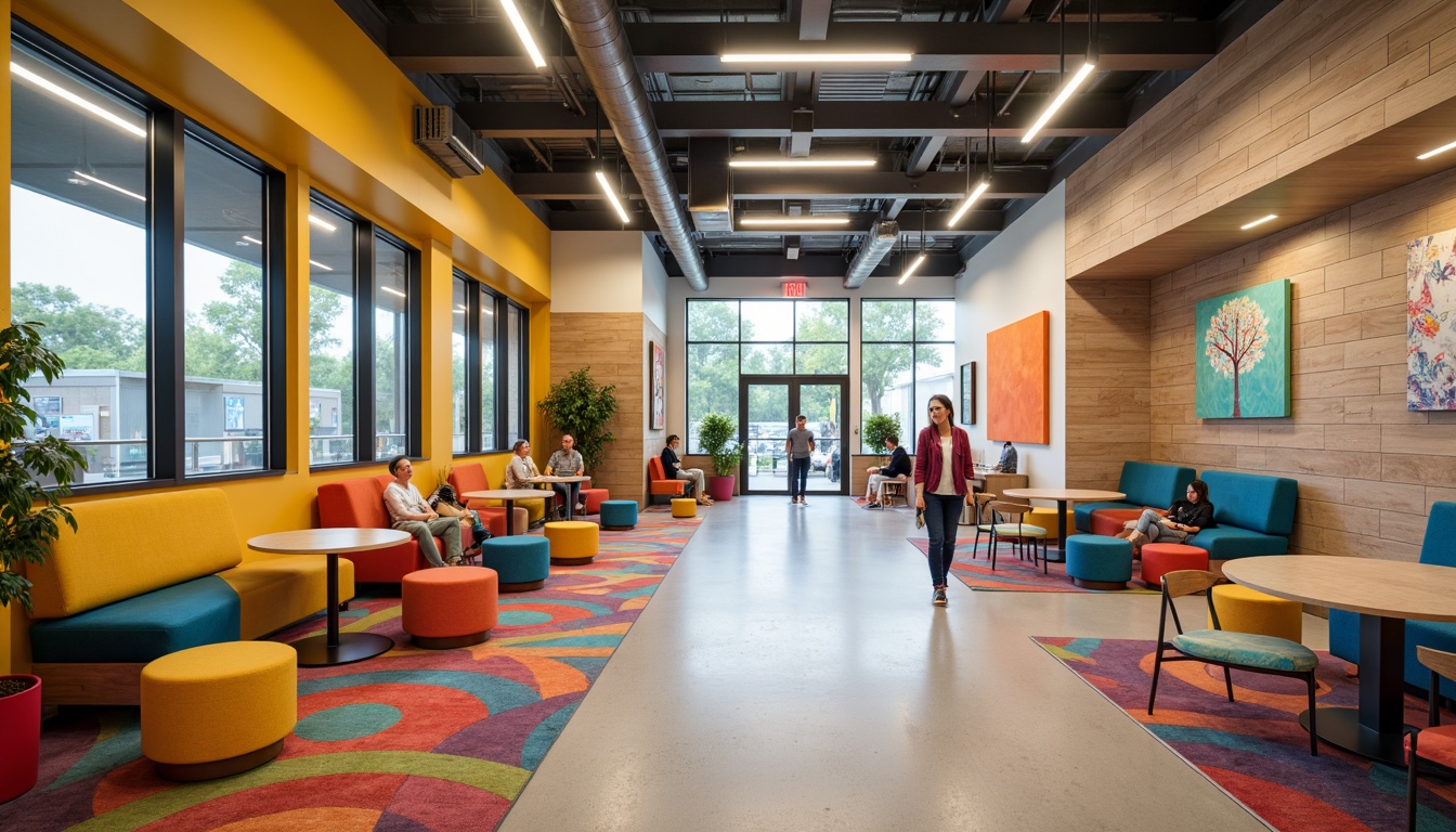 Prompt: Vibrant student halls, bold color schemes, energetic atmosphere, youthful furniture, modern amenities, communal spaces, collaborative learning areas, cozy private rooms, calming pastel shades, stimulating bright accents, natural wood tones, industrial chic decor, eclectic art pieces, lively patterned rugs, warm task lighting, soft ambient glow, 3/4 composition, shallow depth of field, realistic textures.