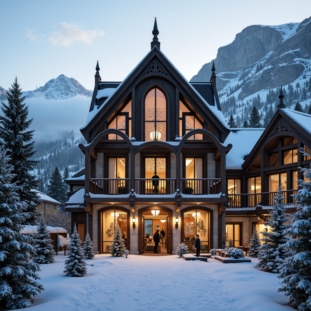 Prompt: Snow-capped mountains, frosty pine trees, icy slopes, grandiose ski center, ornate gothic details, pointed arches, ribbed vaults, flying buttresses, intricate stone carvings, stained glass windows, heavy wooden doors, rustic metal accents, snowflake patterns, frosty mist, warm golden lighting, dramatic shadows, 1/2 composition, low-angle shot, cinematic atmosphere, realistic snow textures, ambient occlusion.