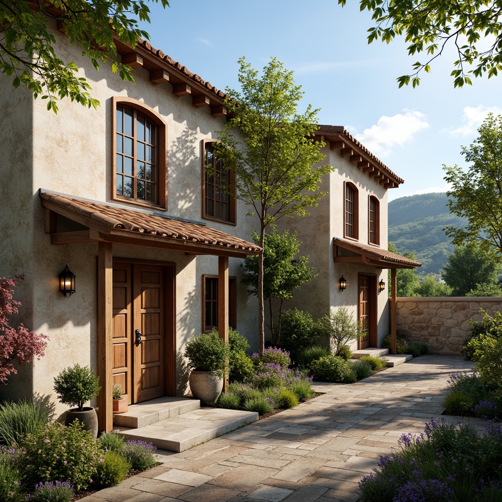 Prompt: Rustic rural cottage, symmetrical facade, ornate wooden doors, arched windows, stone walls, pitched roofs, clay tiles, vintage lanterns, lush greenery, blooming flowers, rolling hills, serene countryside, warm sunny day, soft natural lighting, shallow depth of field, 1/1 composition, realistic textures, ambient occlusion.