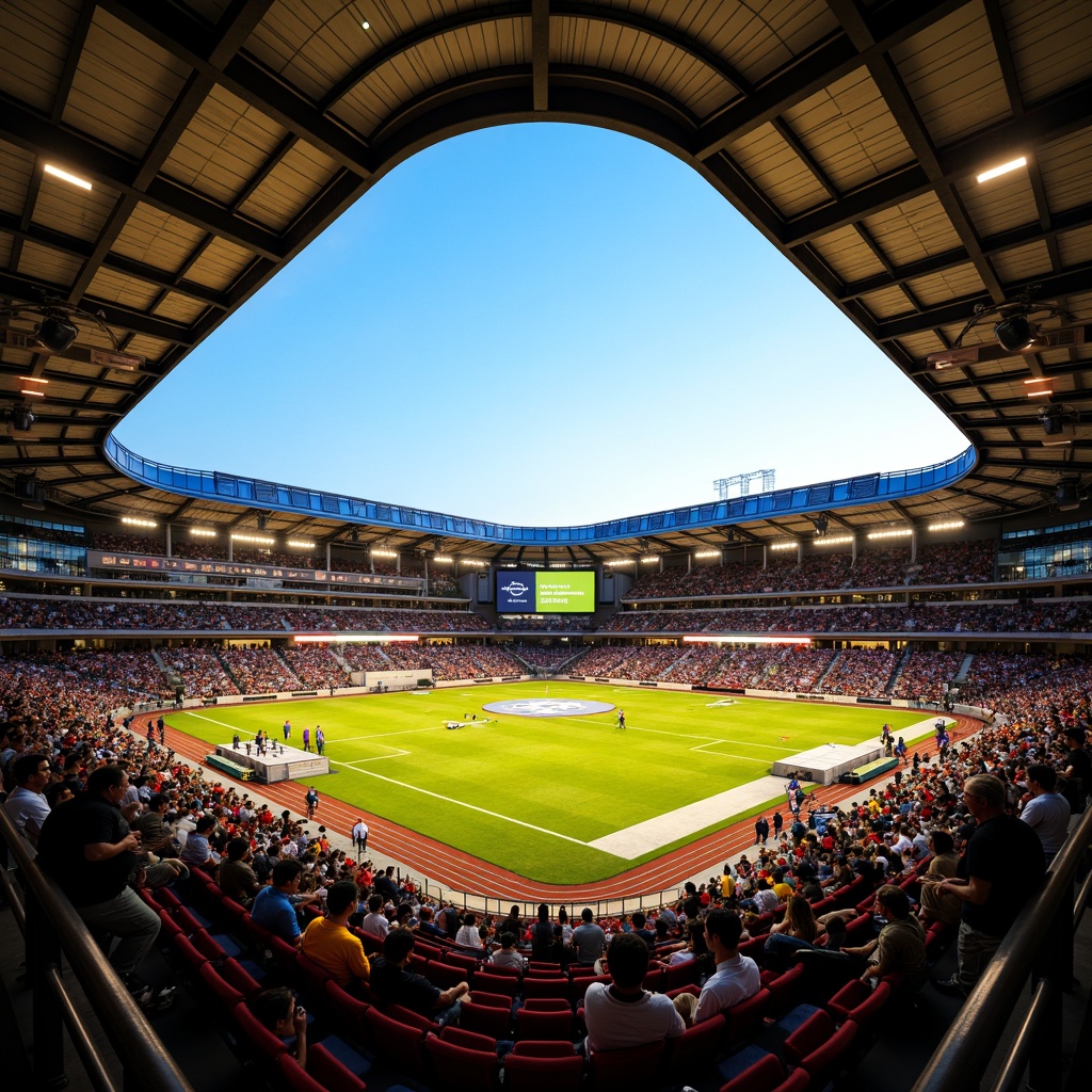 Prompt: Grandstand seating, cantilevered roofs, steel beams, concrete columns, vibrant team colors, dynamic lighting systems, lush green grass, athletic track, scoreboard displays, stadium floodlights, evening atmosphere, warm golden lighting, shallow depth of field, 3/4 composition, panoramic view, realistic textures, ambient occlusion.