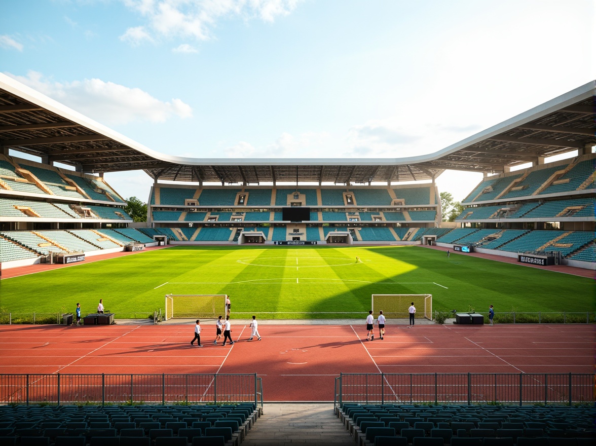 Prompt: Athletic track, lush green grass, vibrant sports equipment, goalposts, scoreboards, spectator stands, modern stadium architecture, curved lines, dynamic shapes, open spaces, natural ventilation, abundant sunlight, soft warm lighting, shallow depth of field, 3/4 composition, panoramic view, realistic textures, ambient occlusion, fluid player movement, efficient circulation paths, clear signage, intuitive wayfinding, accessible amenities, comfortable seating areas.