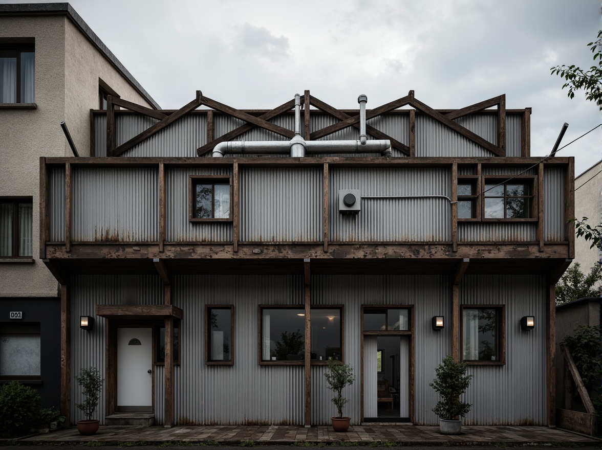 Prompt: Rugged industrial facade, exposed steel beams, raw concrete walls, corrugated metal cladding, functional pipes, minimalist windows, brutalist architecture, urban landscape, overcast sky, dramatic shadows, high-contrast lighting, 1/2 composition, symmetrical framing, gritty textures, ambient occlusion.