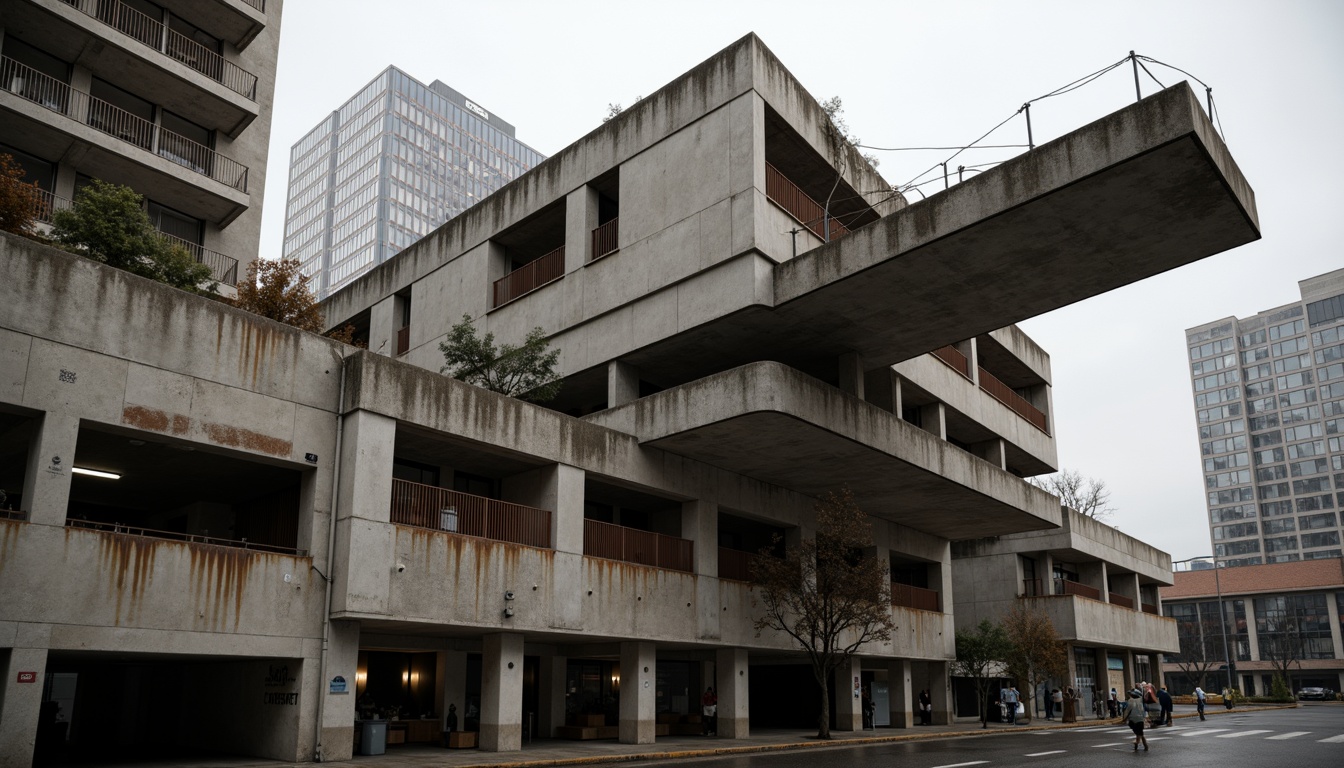 Prompt: Rugged brutalist architecture, exposed concrete surfaces, industrial textures, bold geometric forms, cantilevered structures, raw unfinished materials, urban cityscape, overcast skies, dramatic shadows, high-contrast lighting, 1/2 composition, low-angle shot, atmospheric perspective, detailed rust patterns, weathered steel beams, reinforced concrete columns, innovative formwork systems, modular construction methods, complex spatial relationships, abstract expressionist art influences.