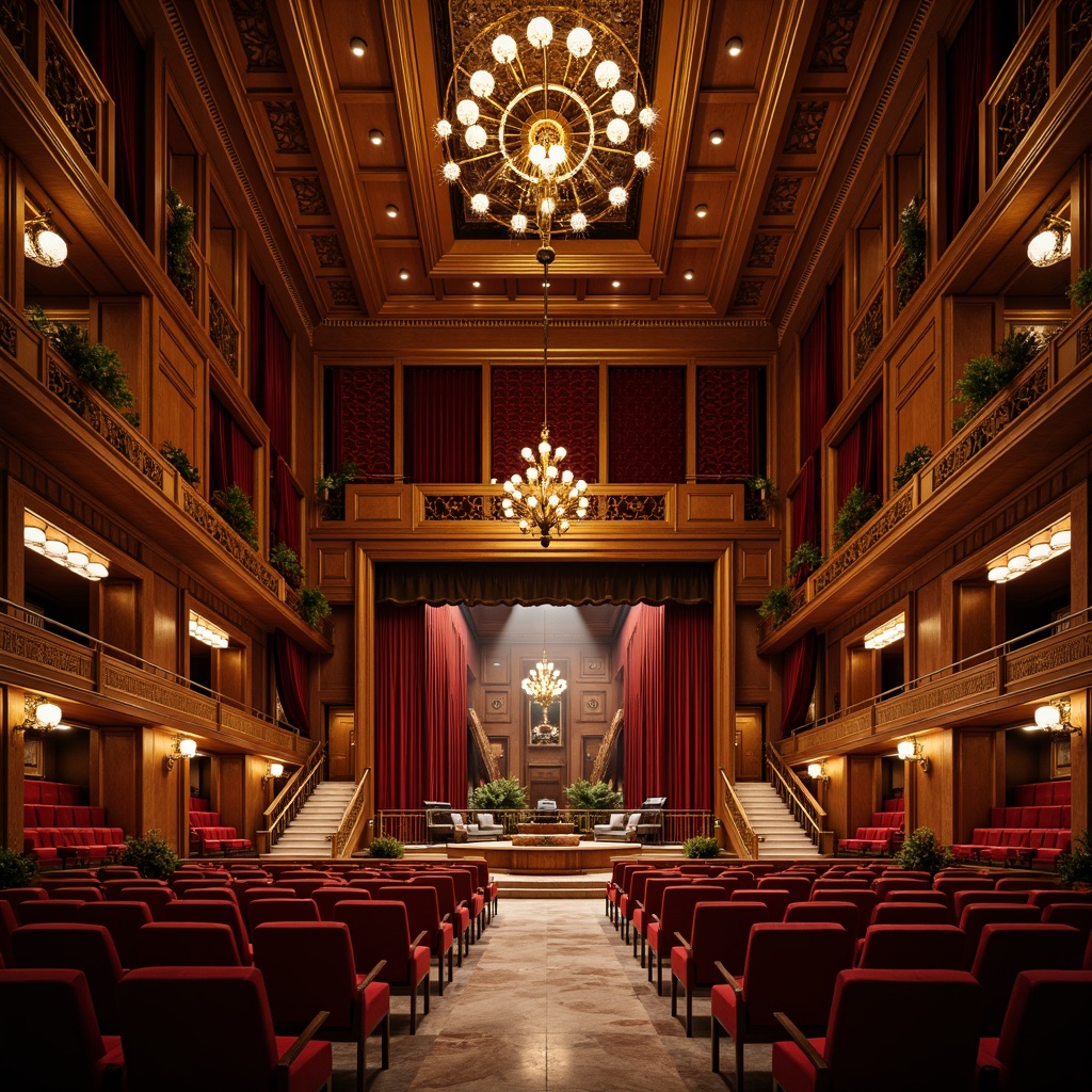 Prompt: Luxurious concert house, rich wood tones, polished marble floors, velvet curtains, ornate chandeliers, grand staircases, acoustic panels, soundproofing materials, plush seating areas, intimate performance spaces, dramatic lighting systems, warm golden lighting, shallow depth of field, 1/1 composition, realistic textures, ambient occlusion.