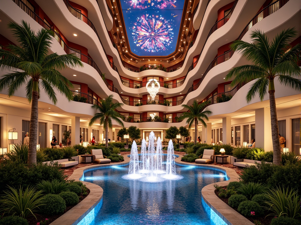 Prompt: Vibrant casino complex, lush tropical gardens, exotic palm trees, sparkling water features, grand entrance fountains, luxurious resort architecture, modern regionalist design, curved lines, ornate decorations, lavish interior spaces, opulent chandeliers, rich wood accents, bold colorful patterns, dynamic lighting effects, shallow depth of field, 1/1 composition, panoramic view, realistic textures, ambient occlusion.