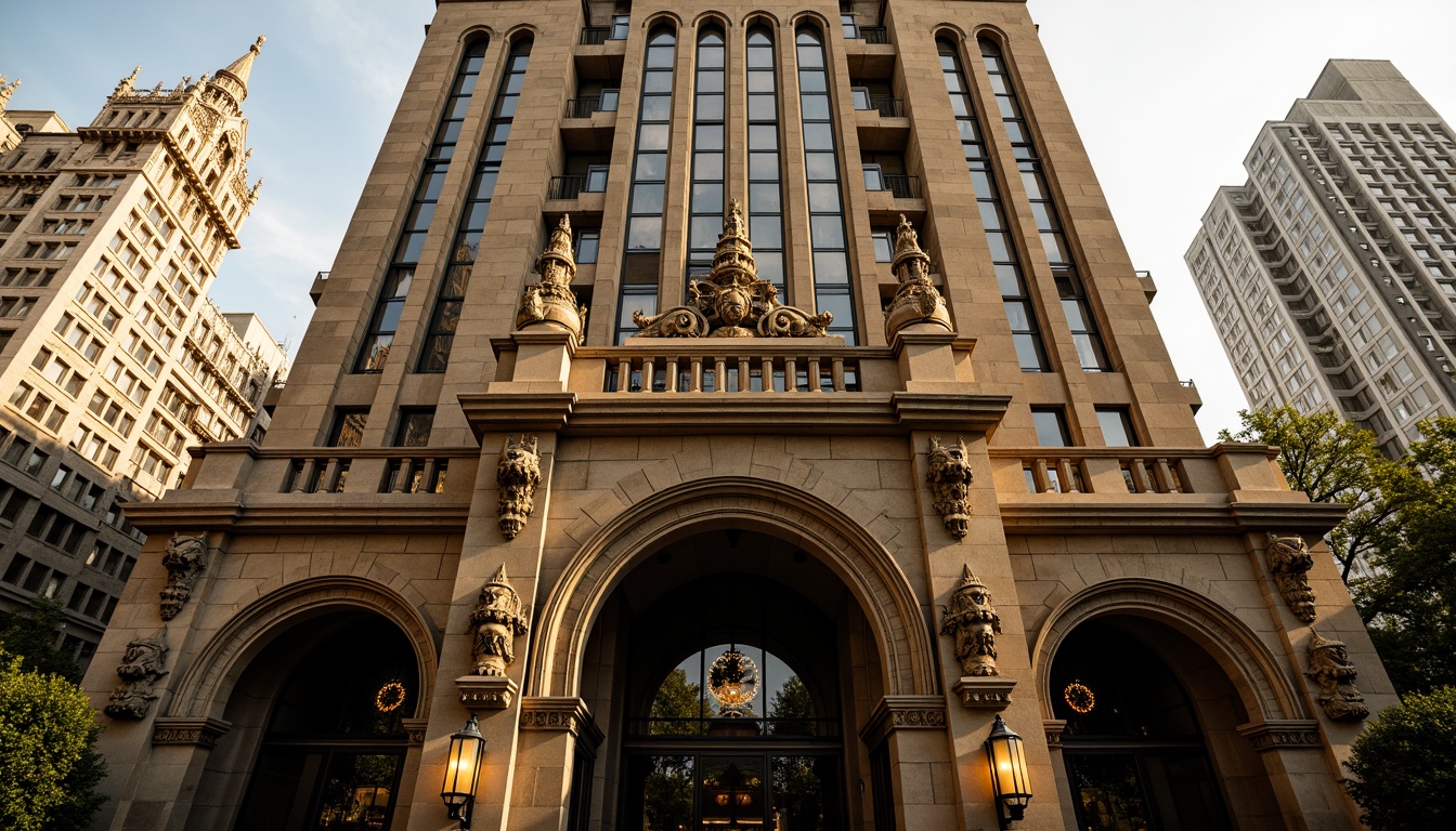 Prompt: Ornate skyscraper facade, Romanesque arches, intricately carved stonework, grandiose entranceways, ornamental columns, rusticated bases, sculpted gargoyles, Gothic-inspired spires, majestic clock towers, weathered stone textures, warm golden lighting, dramatic shadows, 1/2 composition, low-angle view, atmospheric perspective, detailed stonemasonry, realistic architectural details.