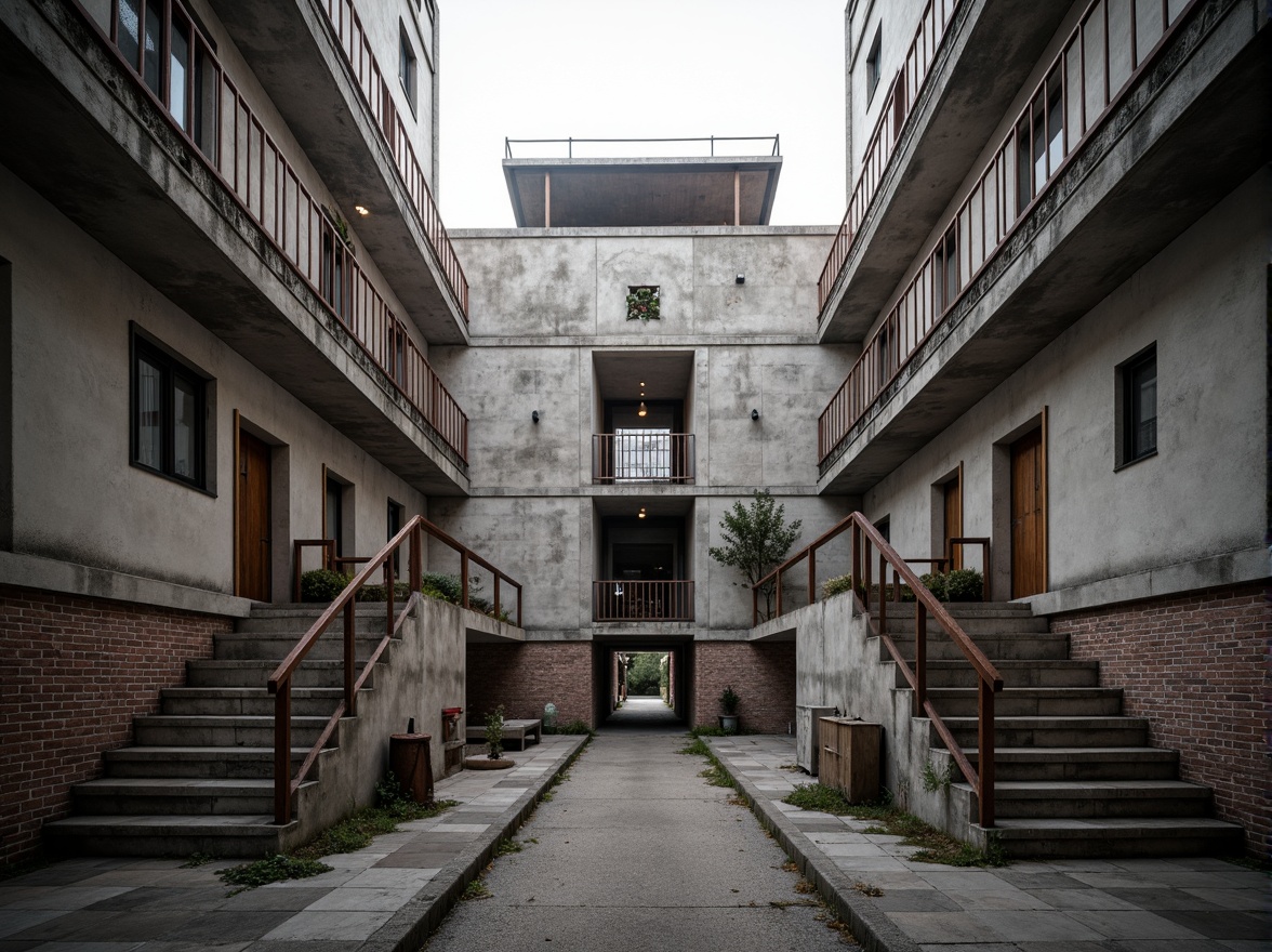 Prompt: Rough concrete walls, exposed ductwork, industrial metal beams, raw brick facades, distressed wood accents, brutalist fortress-like structures, rugged stone foundations, cold steel railings, minimalist ornamentation, functional simplicity, urban cityscape, overcast skies, dramatic shadows, high-contrast lighting, 1/1 composition, symmetrical framing, realistic material textures, ambient occlusion.