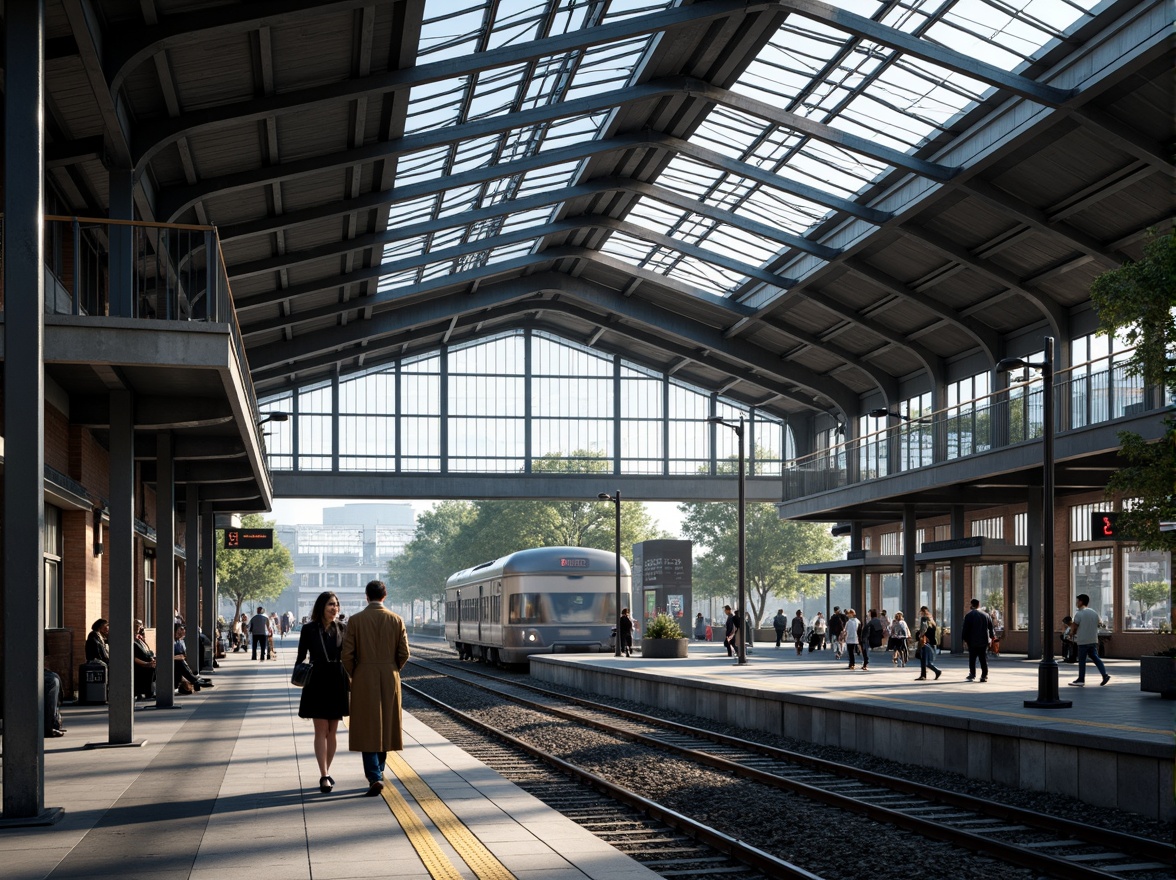 Prompt: Modern train station, steel framework, industrial aesthetic, exposed ductwork, metallic beams, sleek glass roofs, cantilevered canopies, urban landscape, bustling atmosphere, morning rush hour, natural light pouring in, shallow depth of field, 1/2 composition, realistic reflections, ambient occlusion, detailed textures, vibrant city sounds.