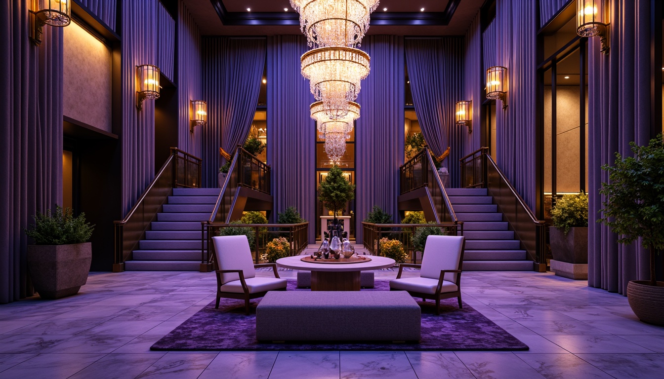 Prompt: Luxurious sapphire tones, rich velvet fabrics, ornate golden accents, lavish crystal chandeliers, opulent marble floors, regal purple hues, majestic architectural columns, grandiose staircases, sophisticated modern furniture, sleek metallic surfaces, ambient warm lighting, shallow depth of field, 1/1 composition, realistic textures, soft focus effect.