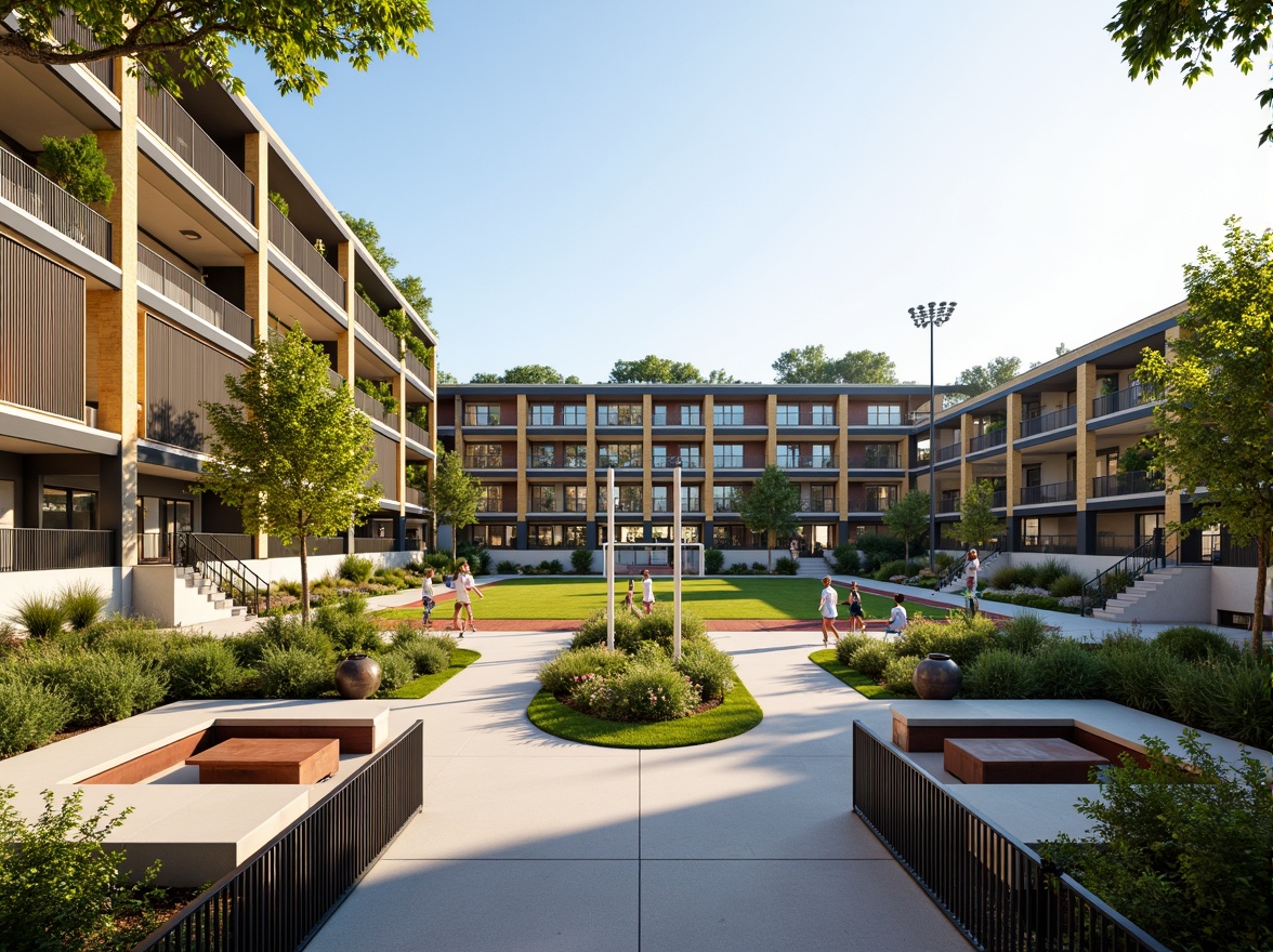 Prompt: Vibrant community courtyard, football stadium-inspired architecture, modern residential buildings, sleek metal railings, green roofs, urban landscape, sunny day, soft warm lighting, shallow depth of field, 3/4 composition, panoramic view, realistic textures, ambient occlusion, communal seating areas, outdoor fitness equipment, recreational spaces, children's playgrounds, community gardens, public art installations, dynamic color schemes, bold typography, energetic atmosphere.