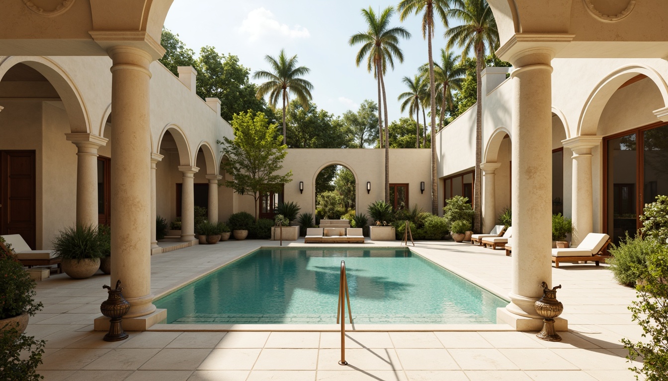 Prompt: Elegant neoclassical swimming pool, soft cream marble, warm beige stone, ornate bronze fixtures, subtle turquoise water, lush greenery surroundings, majestic columns, grand archways, refined stucco walls, ornamental fountains, tranquil ambiance, warm golden lighting, shallow depth of field, 1/2 composition, symmetrical framing, realistic textures, ambient occlusion.