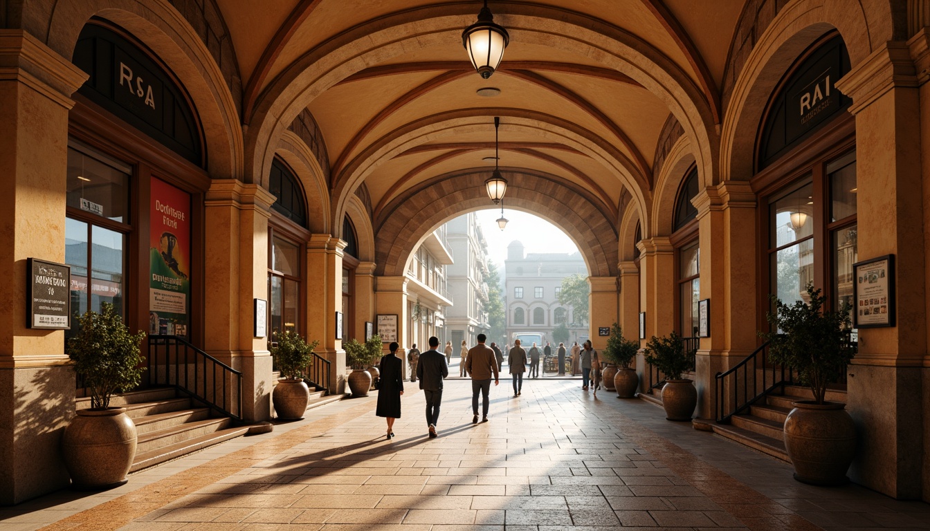 Prompt: Earth-toned metro station, Romanesque arches, ornate columns, warm beige walls, terracotta flooring, rustic stone textures, vintage metal lanterns, intricate mosaics, grand staircases, high ceilings, dramatic lighting, atmospheric shadows, rich wood accents, elegant typography, classic signage, urban cityscape, morning rush hour, soft natural light, shallow depth of field, 1/2 composition, realistic reflections.