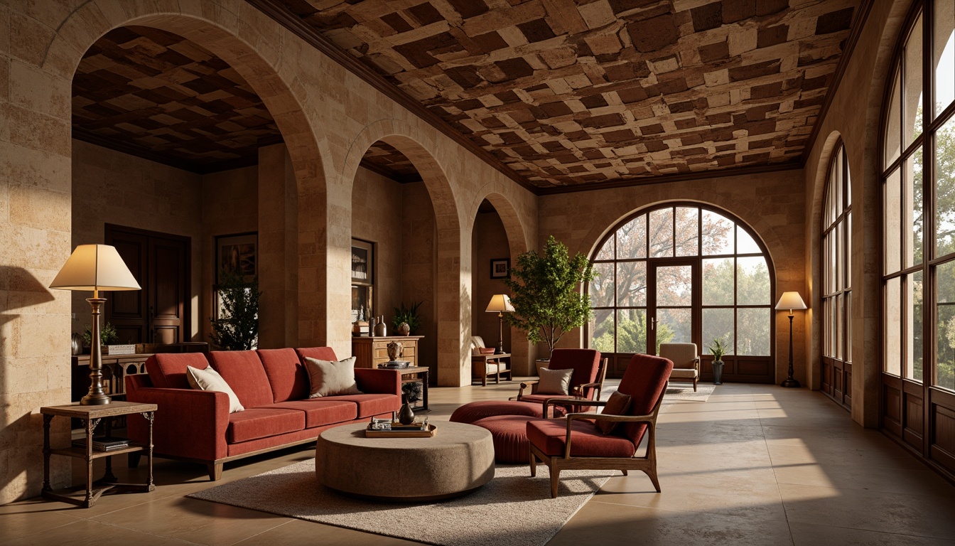 Prompt: Rustic sandstone walls, burgundy accent stones, earthy tones, natural textures, organic forms, warm ambient lighting, soft shadows, cozy atmosphere, intimate spaces, luxurious furnishings, velvet fabrics, rich wood accents, ornate metal details, subtle patterns, elegant archways, sophisticated interior design, refined color palette, tactile experiences, inviting ambiance.