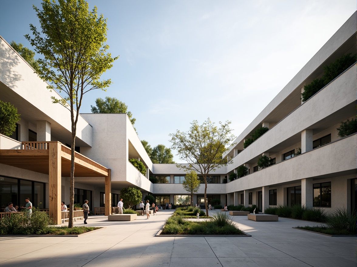 Prompt: Sleek campus buildings, minimalist design, clean lines, simple shapes, abundant natural light, floor-to-ceiling windows, transparent glass walls, open-air corridors, green roofs, lush vegetation, serene atmosphere, warm wooden accents, subtle textures, soft shadows, 1/1 composition, shallow depth of field, realistic rendering, ambient occlusion.