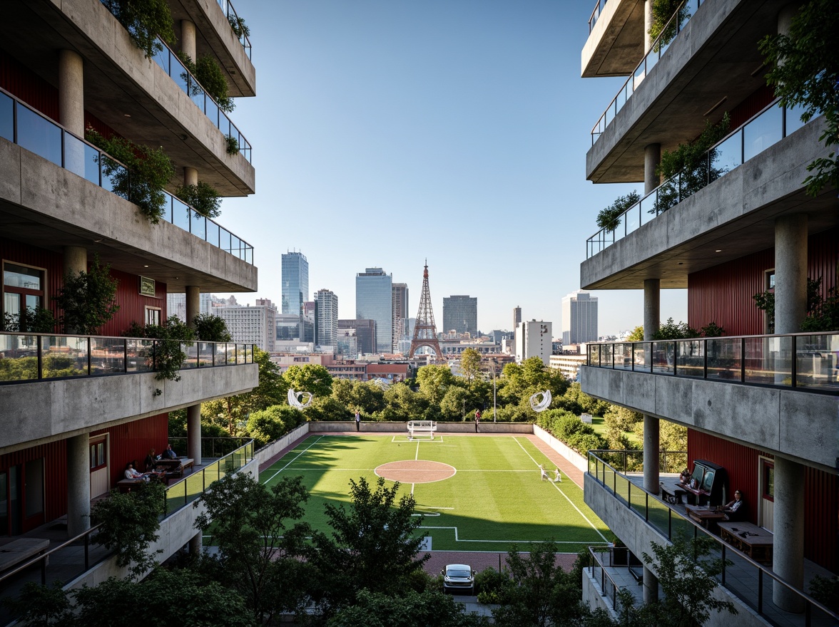 Prompt: Vibrant football stadium, social housing complex, brutalist architecture, exposed concrete structures, industrial metal beams, reclaimed wood accents, urban landscape, city skyline views, communal green spaces, public art installations, dynamic LED lighting, angular geometric forms, cantilevered balconies, corrugated metal cladding, raw concrete textures, atmospheric misting systems, 1/1 composition, dramatic low-angle shots, cinematic lighting effects.