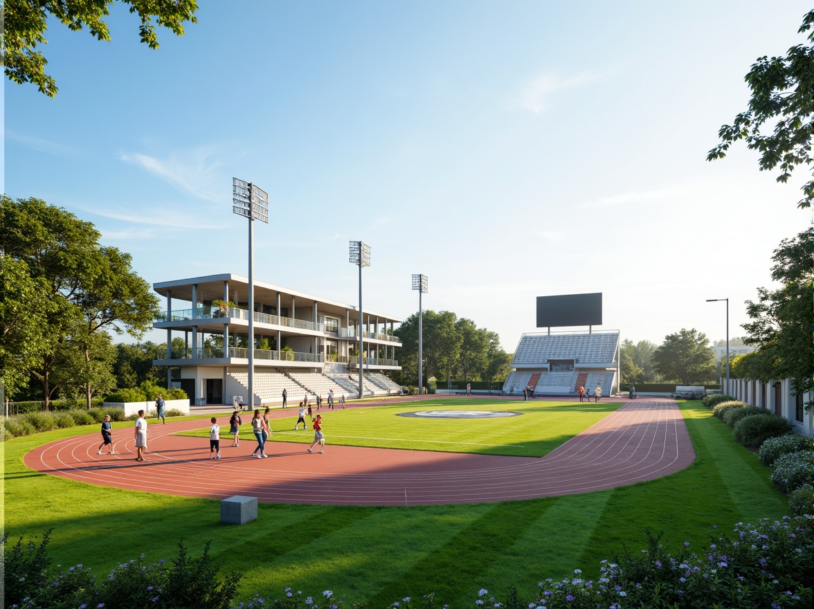 Prompt: Athletic track, lush green grass, vibrant sports equipment, goalposts, scoreboards, spectator stands, modern stadium architecture, sleek metal bleachers, transparent glass railings, dynamic angular lines, functional minimalist design, efficient crowd circulation, accessible entrances, intuitive wayfinding, natural stone pathways, shaded areas, misting systems, warm sunny day, soft diffused lighting, shallow depth of field, 3/4 composition, panoramic view, realistic textures, ambient occlusion.