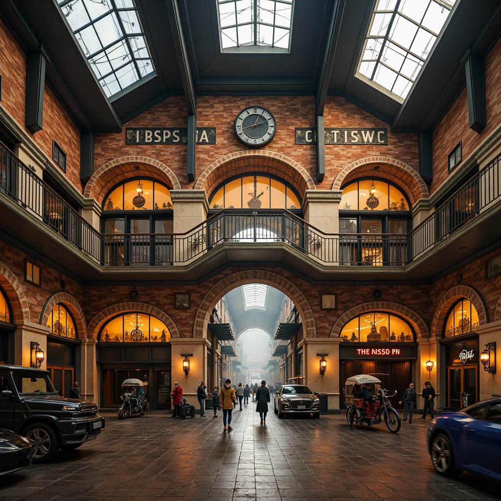 Prompt: Vibrant train station, expressionist architecture, bold geometric shapes, contrasting colors, warm golden lighting, industrial metal beams, distressed brick walls, ornate ironwork, grand staircases, intricate mosaics, eclectic art deco patterns, rich wood accents, vintage luggage carts, nostalgic steam engine details, atmospheric foggy day, dramatic shadows, cinematic low-angle shot, 1/2 composition, moody warm color grading, realistic textures, ambient occlusion.