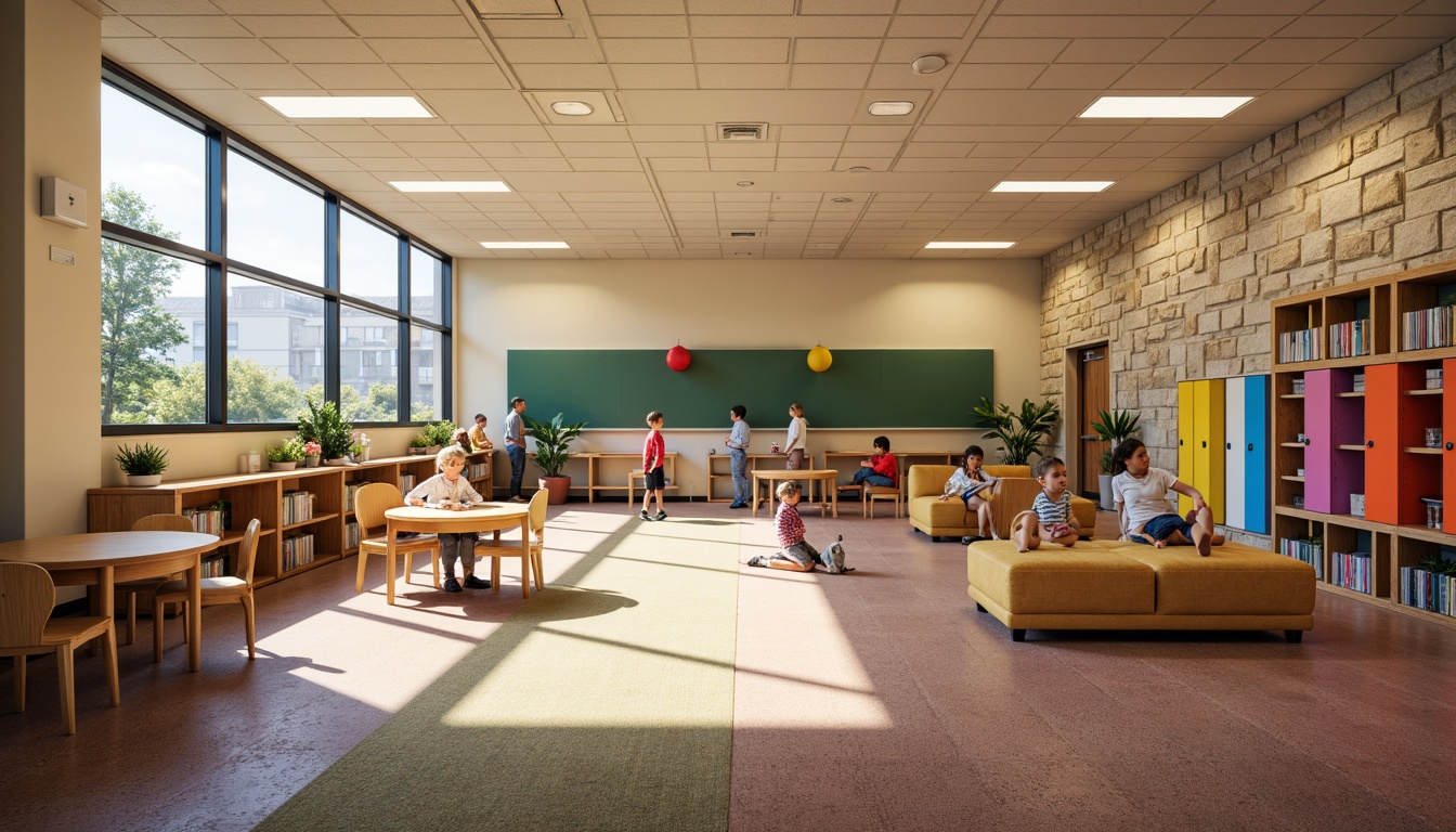 Prompt: Vibrant elementary school, colorful lockers, wooden classroom furniture, soft carpeted floors, acoustic ceiling tiles, natural stone walls, large windows, energy-efficient lighting, eco-friendly paint, recycled plastic chairs, durable rubber flooring, interactive whiteboards, collaborative learning spaces, flexible modular layouts, open-concept libraries, cozy reading nooks, warm earthy tones, abundant natural light, shallow depth of field, 3/4 composition, realistic textures, ambient occlusion.