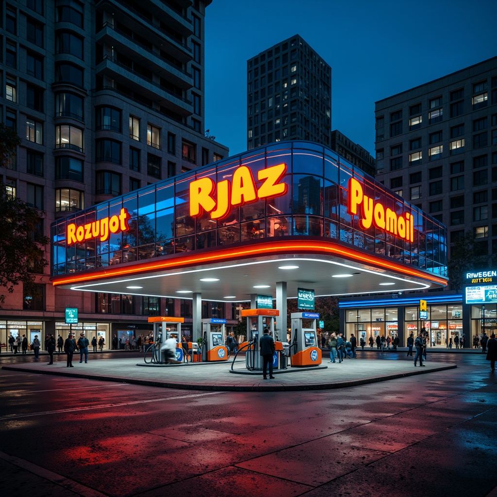 Prompt: Vibrant gas station, neon lights, bold signage, metallic fuel pumps, sleek modern architecture, reflective glass surfaces, angular lines, industrial materials, urban cityscape, busy streets, night scene, dramatic lighting, shallow depth of field, 1/1 composition, realistic textures, ambient occlusion, bright color scheme, electric blue accents, fiery orange hues, deep black tones, metallic silver highlights.