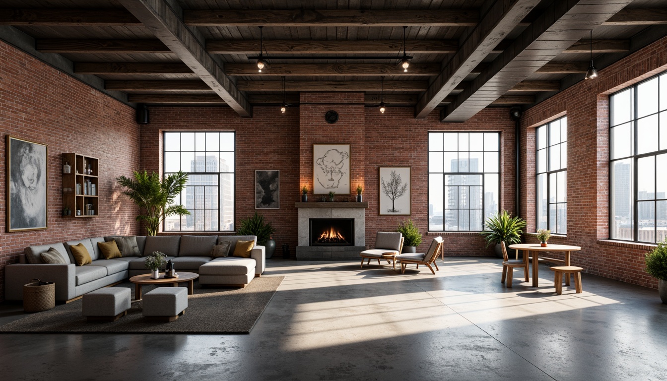 Prompt: Exposed brick walls, metal beams, reclaimed wood accents, industrial-style lighting fixtures, concrete floors, urban cityscape, converted warehouse, modern minimalist decor, functional simplicity, neutral color palette, distressed textures, edgy architectural lines, brutalist structures, functional spaces, open floor plans, natural ventilation systems, abundant natural light, high ceilings, urban loft atmosphere, gritty urban feel, dramatic shadows, low-key lighting, 3/4 composition, realistic materials, ambient occlusion.