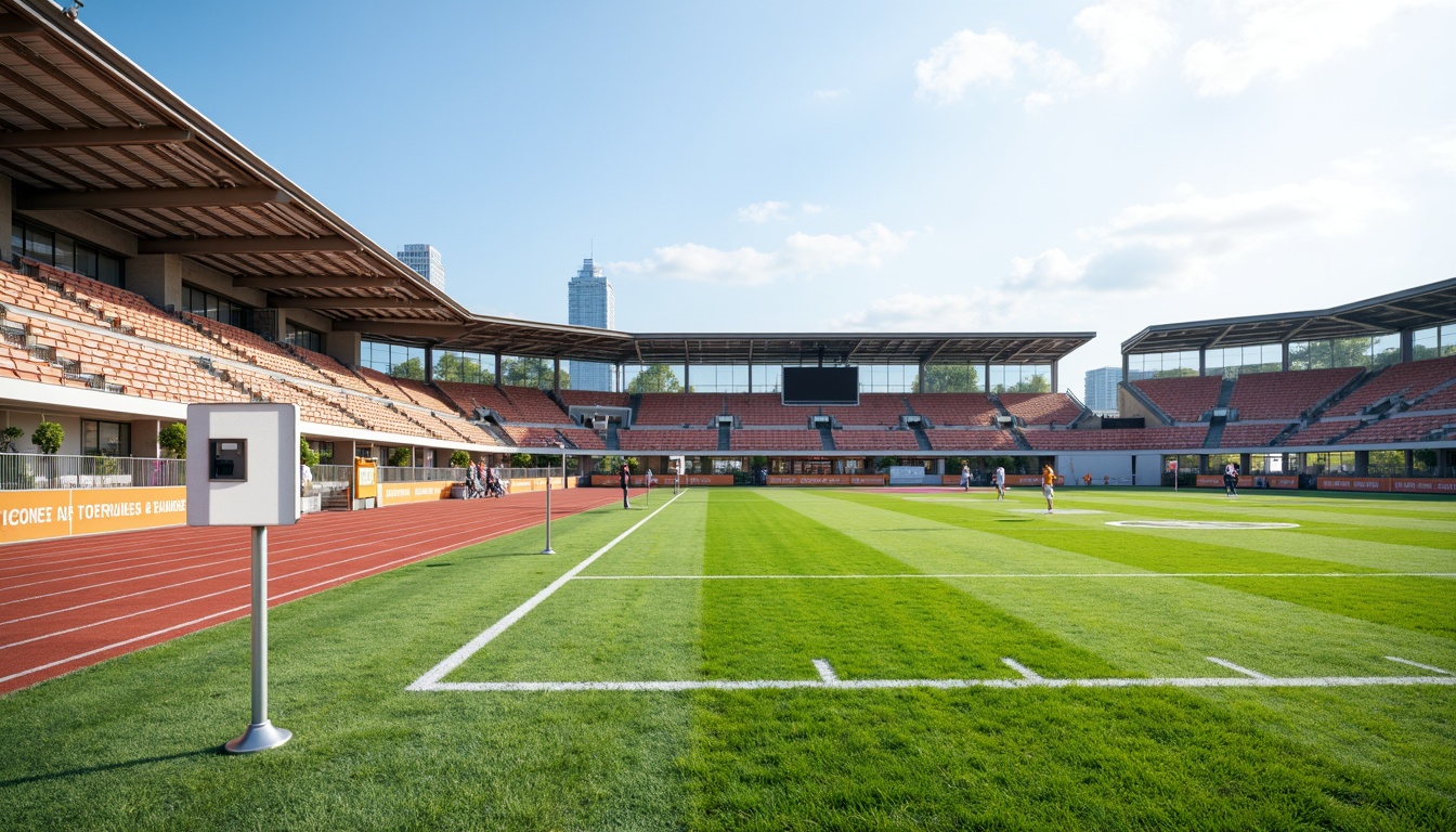 Prompt: Athletic track, lush green grass, vibrant sports equipment, goalposts, scoreboards, spectator stands, modern stadium architecture, sleek metal bleachers, transparent glass railings, dynamic angular lines, functional minimalist design, efficient crowd circulation, accessible entrances, intuitive wayfinding, natural stone pathways, shaded areas, misting systems, warm sunny day, soft diffused lighting, shallow depth of field, 3/4 composition, panoramic view, realistic textures, ambient occlusion.