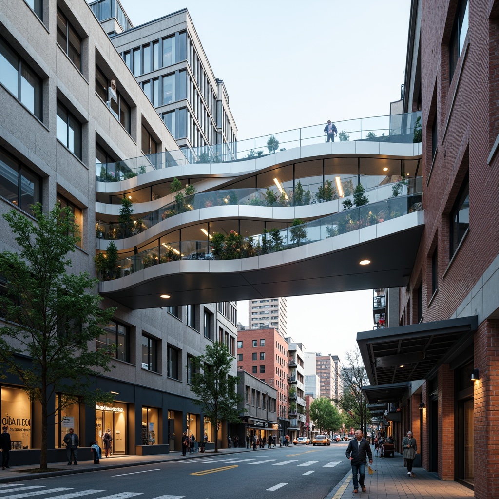 Prompt: Undulating rooflines, curved metal sheets, translucent glass panels, cantilevered overhangs, asymmetrical shapes, modern minimalist architecture, sleek industrial materials, bold color accents, dynamic lighting effects, dramatic shadows, 3/4 composition, low-angle shot, realistic reflections, ambient occlusion, urban cityscape, bustling streets, trendy neighborhood, vibrant street art, eclectic rooftop gardens.