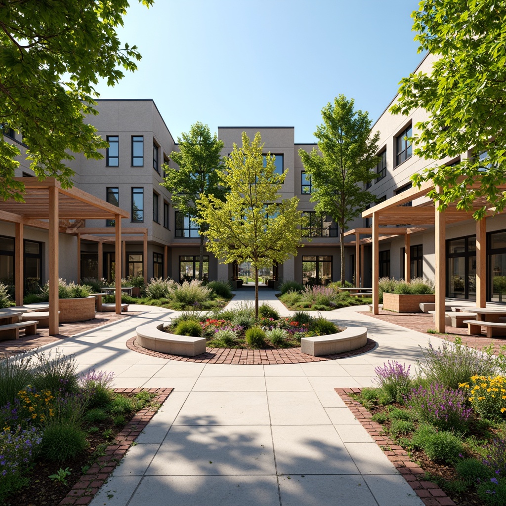 Prompt: Vibrant community center courtyard, lush greenery, blooming flowers, comfortable outdoor seating, wooden benches, shade structures, pergolas, walking paths, natural stone flooring, modern architecture, large windows, glass doors, sunny day, soft warm lighting, shallow depth of field, 3/4 composition, panoramic view, realistic textures, ambient occlusion, community gardens, public art installations, interactive play areas, outdoor fitness zones, picnic tables, BBQ stations, festive string lights, colorful outdoor rugs.