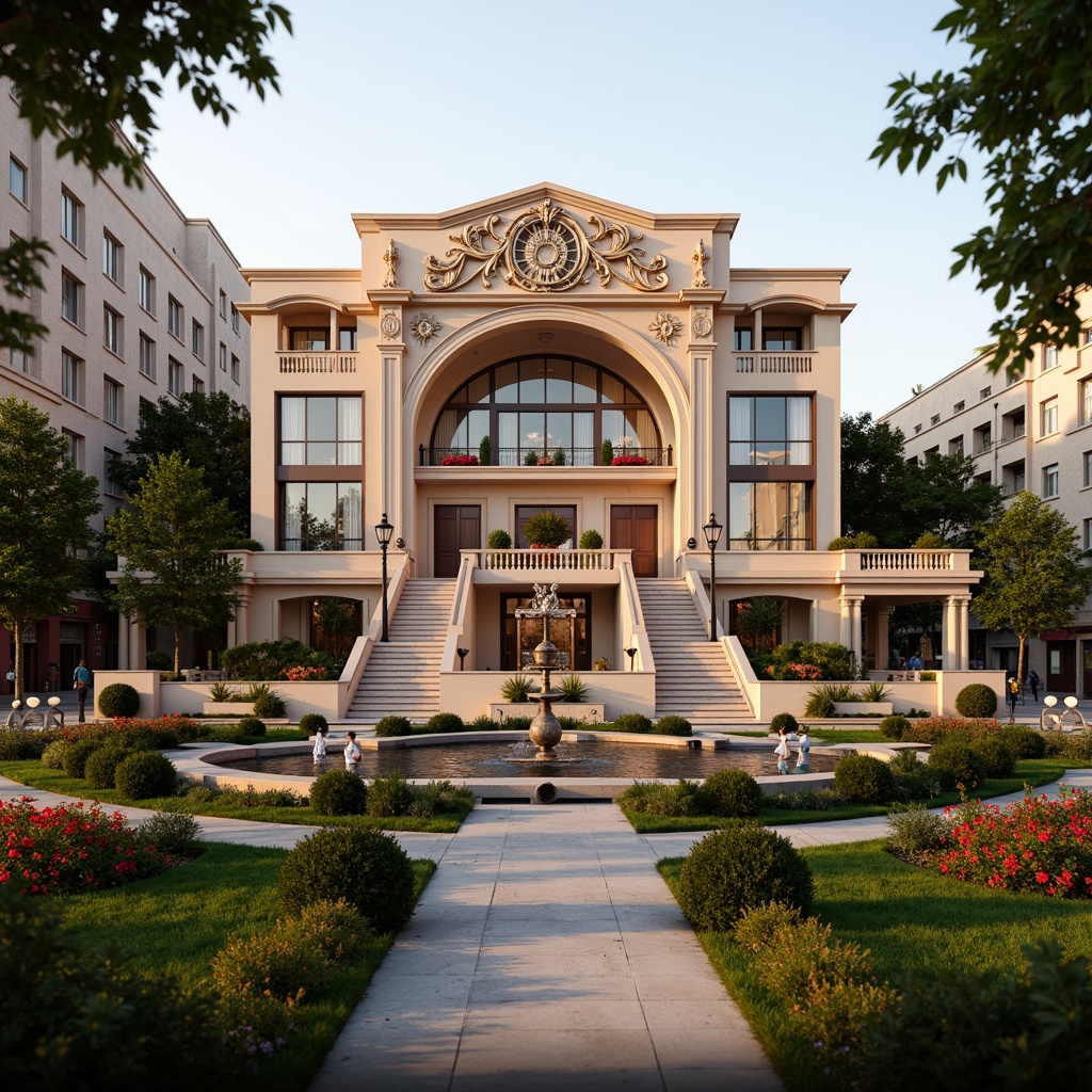 Prompt: Grand opera house, ornate facade, majestic entrance, sweeping staircases, lush greenery, vibrant flowers, manicured lawns, decorative fountains, walking paths, elegant street lamps, urban cityscape, warm golden lighting, shallow depth of field, 1/2 composition, symmetrical architecture, neoclassical style, marble columns, intricate moldings, grand chandeliers, red carpet, luxurious textiles, ornate balconies.