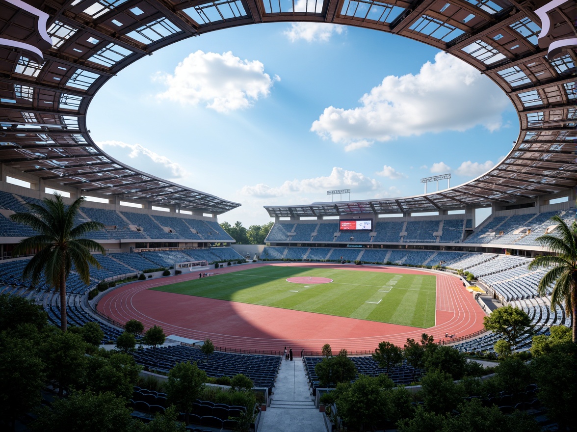 Prompt: Futuristic sports complex, undulating terrain, neon-lit athletic tracks, sleek metallic bleachers, holographic scoreboards, iridescent stadium roofs, glowing accents, vibrant LED lighting, misty atmospheric effects, shallow depth of field, 3/4 composition, panoramic view, realistic textures, ambient occlusion, lush greenery, tropical plants, palm trees, sunny day, warm soft focus, dynamic camera movements.