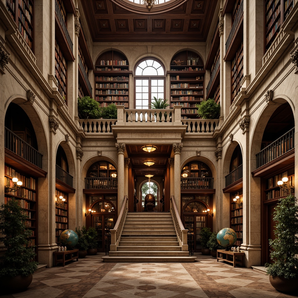 Prompt: Grandiose library facade, ornate Renaissance details, intricately carved stone columns, arched windows, rusticated quoins, symmetrical composition, grand entrance, sweeping staircases, opulent chandeliers, rich wood paneling, leather-bound tomes, vintage globes, warm golden lighting, soft focus, shallow depth of field, 2/3 composition, classical proportions, realistic textures, ambient occlusion.