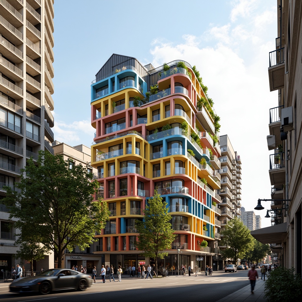 Prompt: Vibrant social housing complex, modern facade design, bold color schemes, geometric patterns, angular balconies, cantilevered roofs, sustainable materials, green walls, vertical gardens, urban landscape, bustling city streets, morning sunlight, soft warm lighting, shallow depth of field, 3/4 composition, panoramic view, realistic textures, ambient occlusion.